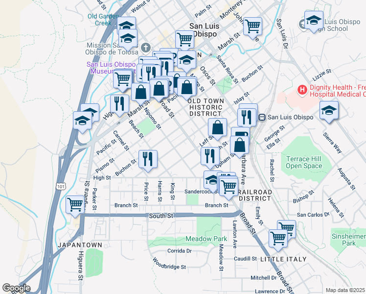 map of restaurants, bars, coffee shops, grocery stores, and more near 656 Leff Street in San Luis Obispo