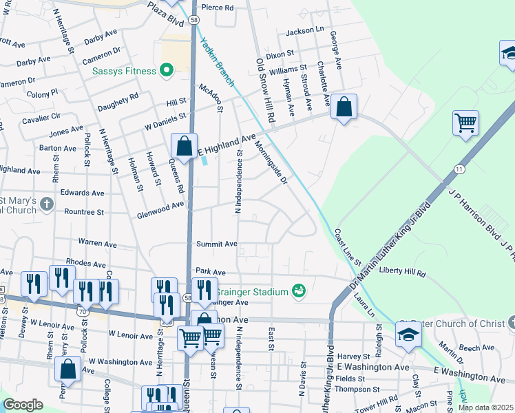 map of restaurants, bars, coffee shops, grocery stores, and more near 306 Sherwood Avenue in Kinston