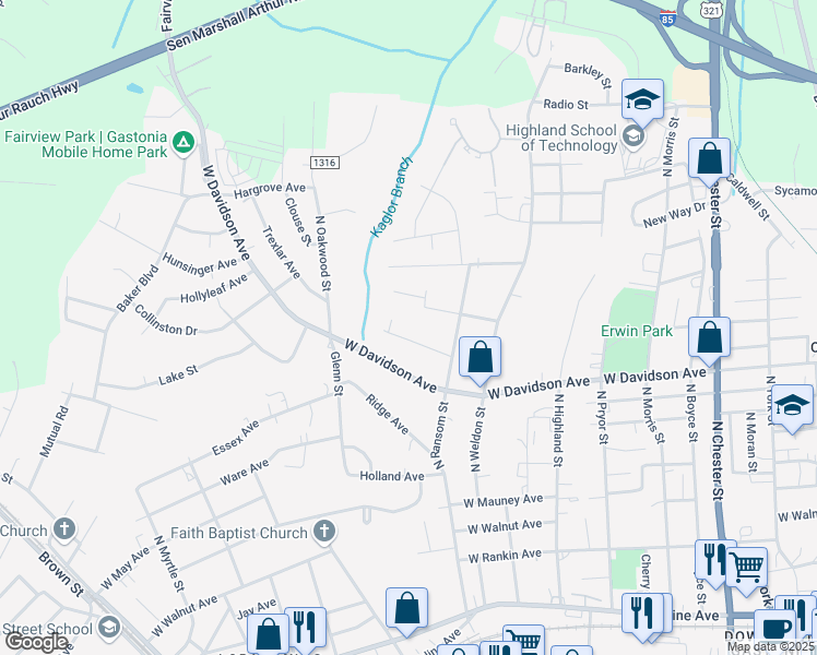 map of restaurants, bars, coffee shops, grocery stores, and more near 1027 New Beginnings Avenue in Gastonia