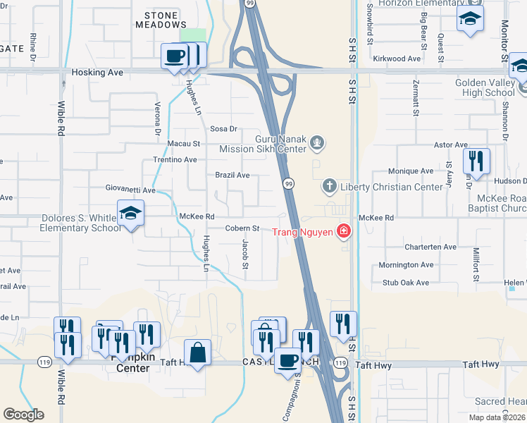 map of restaurants, bars, coffee shops, grocery stores, and more near 2118 Cobern Street in Bakersfield