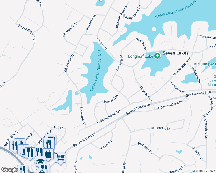 map of restaurants, bars, coffee shops, grocery stores, and more near 170 Overlook Drive in Seven Lakes