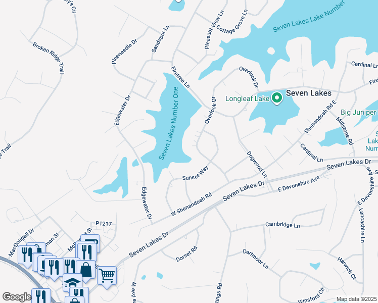map of restaurants, bars, coffee shops, grocery stores, and more near 170 Overlook Drive in Seven Lakes