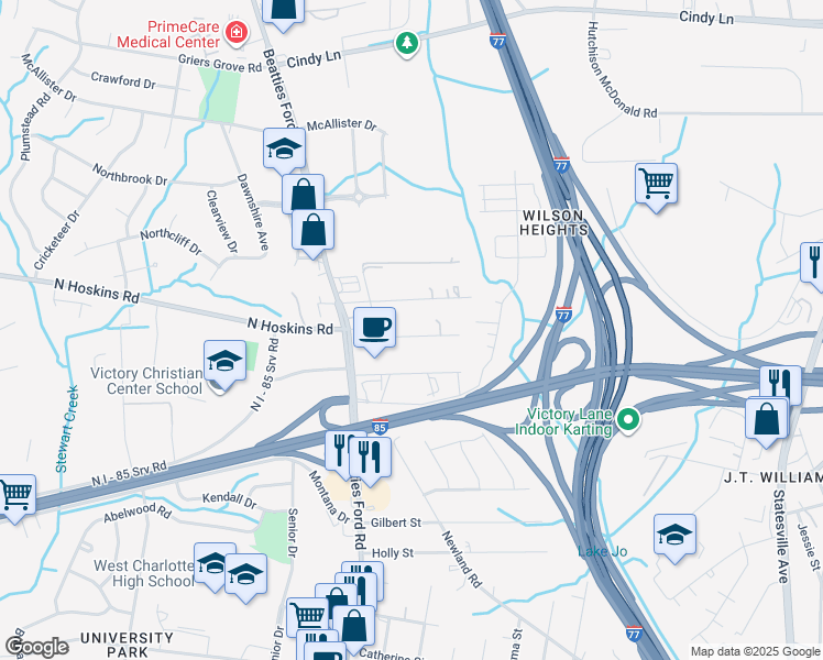 map of restaurants, bars, coffee shops, grocery stores, and more near 2112 A Avenue in Charlotte