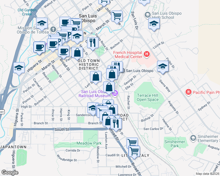 map of restaurants, bars, coffee shops, grocery stores, and more near 856 Upham Street in San Luis Obispo