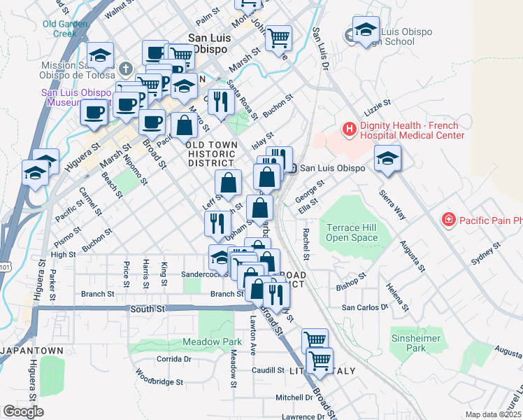 map of restaurants, bars, coffee shops, grocery stores, and more near 1845 Morro Street in San Luis Obispo
