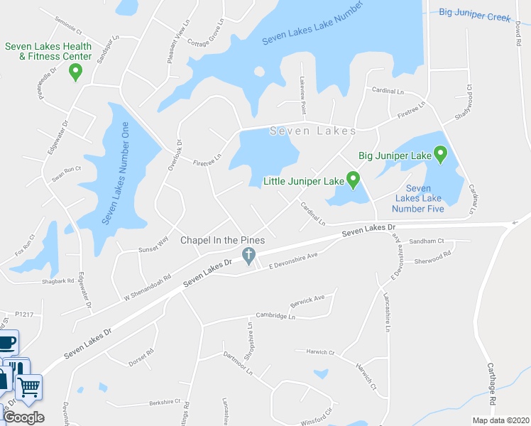 map of restaurants, bars, coffee shops, grocery stores, and more near 102 Sweetbriar Court in Seven Lakes