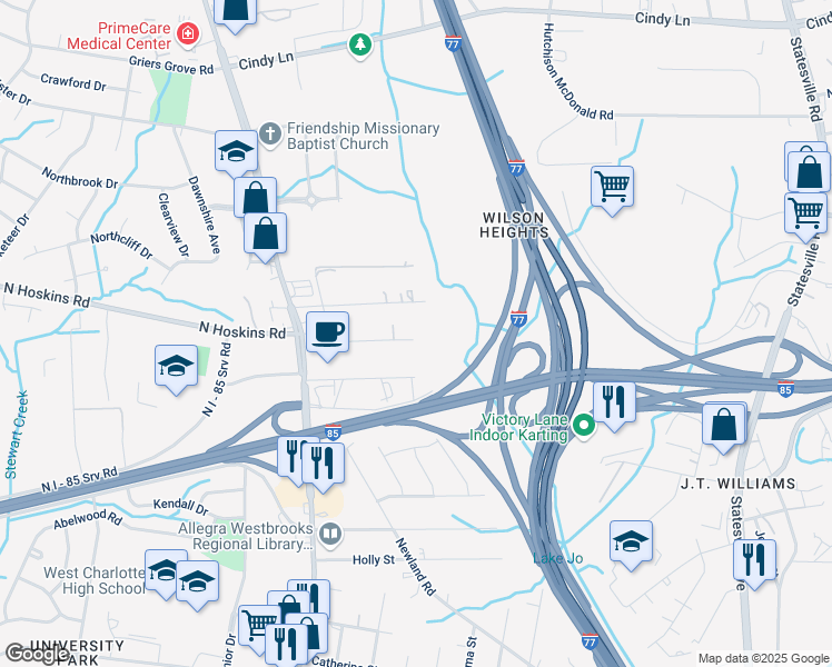 map of restaurants, bars, coffee shops, grocery stores, and more near 2006 A Avenue in Charlotte