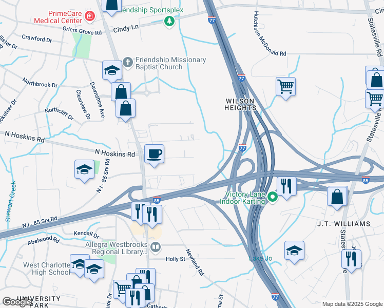 map of restaurants, bars, coffee shops, grocery stores, and more near 2014 A Avenue in Charlotte