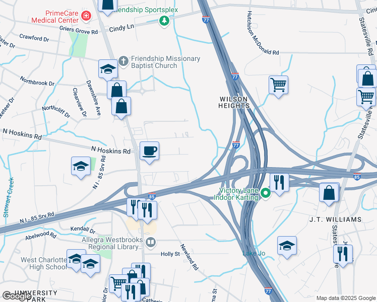 map of restaurants, bars, coffee shops, grocery stores, and more near 2006 A Avenue in Charlotte