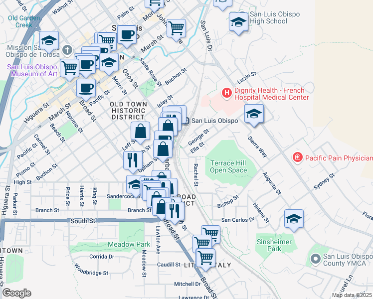 map of restaurants, bars, coffee shops, grocery stores, and more near 2028 Jennifer Street in San Luis Obispo