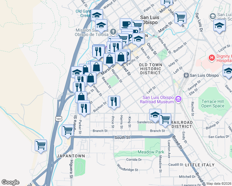 map of restaurants, bars, coffee shops, grocery stores, and more near 1503 Beach Street in San Luis Obispo