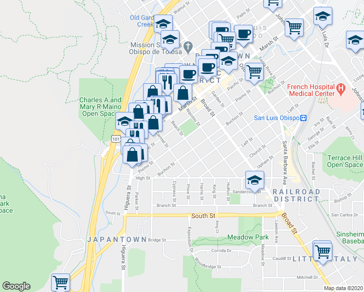 map of restaurants, bars, coffee shops, grocery stores, and more near 1418 Carmel Street in San Luis Obispo