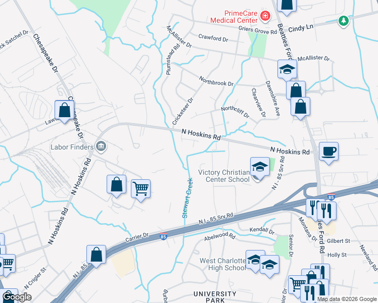 map of restaurants, bars, coffee shops, grocery stores, and more near 1412 N Hoskins Rd in Charlotte
