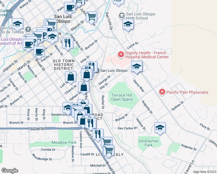 map of restaurants, bars, coffee shops, grocery stores, and more near 1075 Ella Street in San Luis Obispo