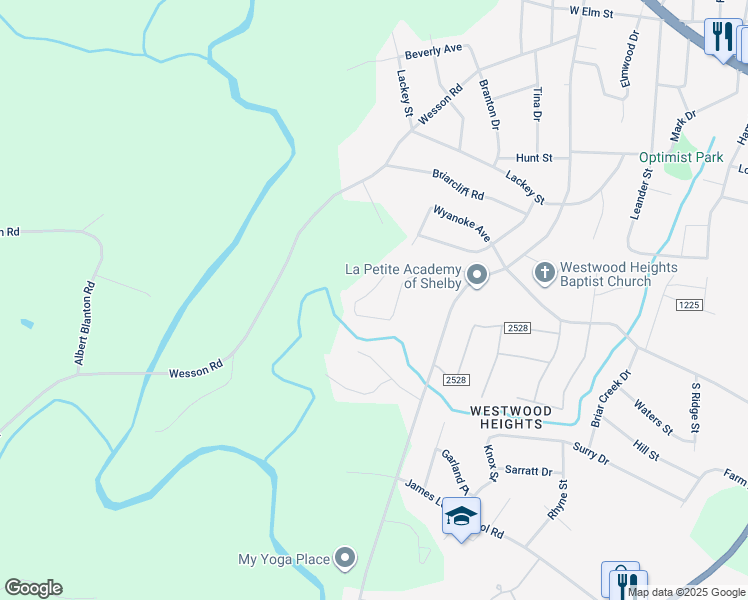 map of restaurants, bars, coffee shops, grocery stores, and more near 1348 Belinda Drive in Shelby