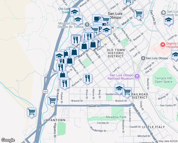 map of restaurants, bars, coffee shops, grocery stores, and more near 1503 Beach Street in San Luis Obispo