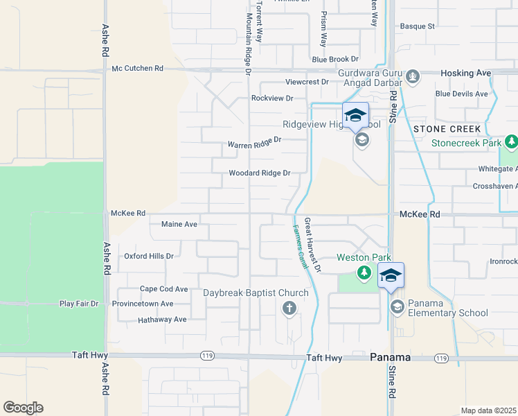 map of restaurants, bars, coffee shops, grocery stores, and more near 5612 McKee Road in Bakersfield
