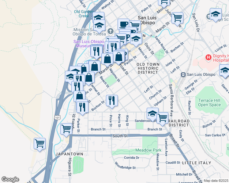 map of restaurants, bars, coffee shops, grocery stores, and more near 1503 Beach Street in San Luis Obispo