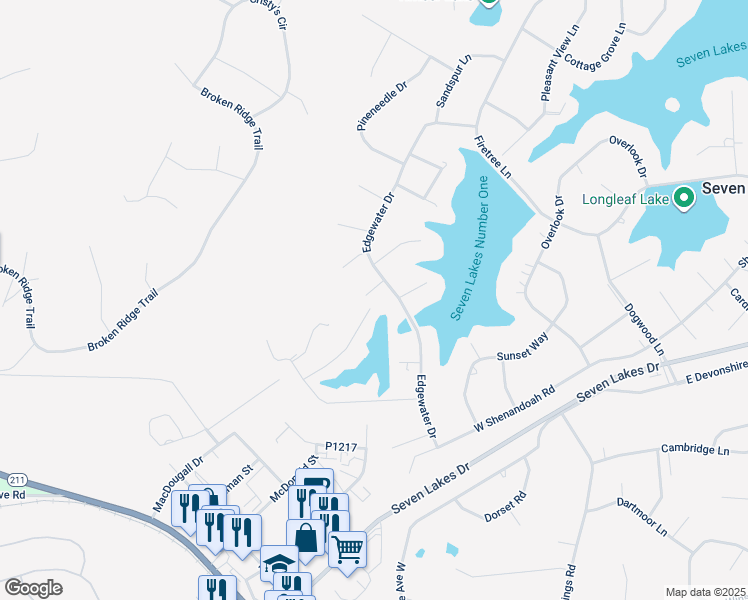 map of restaurants, bars, coffee shops, grocery stores, and more near 103 Rustic Drive in Seven Lakes