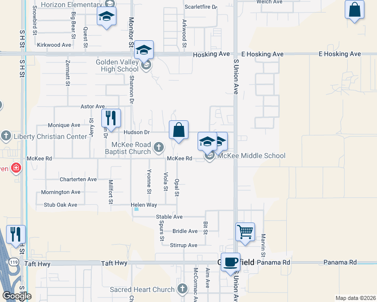 map of restaurants, bars, coffee shops, grocery stores, and more near 300 McKee Road in Bakersfield