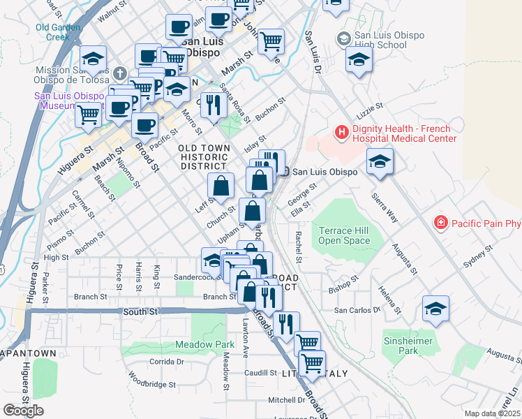 map of restaurants, bars, coffee shops, grocery stores, and more near 1961 Jennifer Street in San Luis Obispo