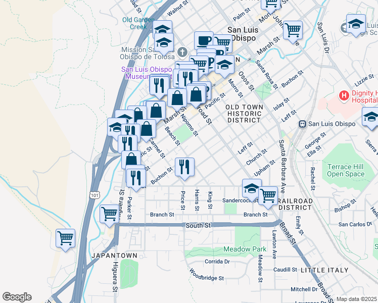 map of restaurants, bars, coffee shops, grocery stores, and more near 1503 Beach Street in San Luis Obispo