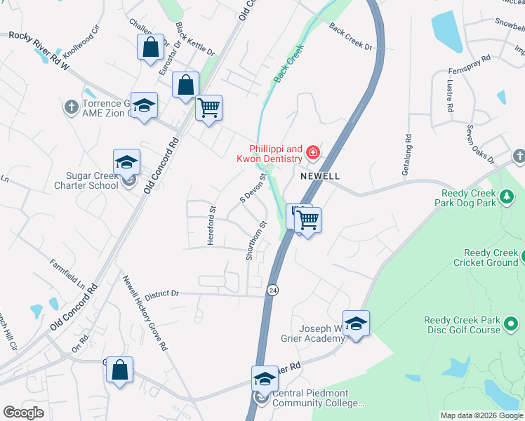 map of restaurants, bars, coffee shops, grocery stores, and more near 1827 Charbray Lane in Charlotte
