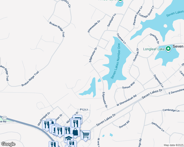 map of restaurants, bars, coffee shops, grocery stores, and more near 103 Rustic Drive in Seven Lakes