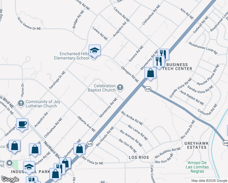 map of restaurants, bars, coffee shops, grocery stores, and more near 5619 Laredo Rd NE in Rio Rancho