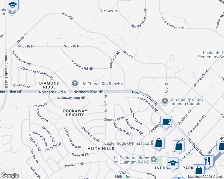 map of restaurants, bars, coffee shops, grocery stores, and more near 602 Pyrite Drive Northeast in Rio Rancho