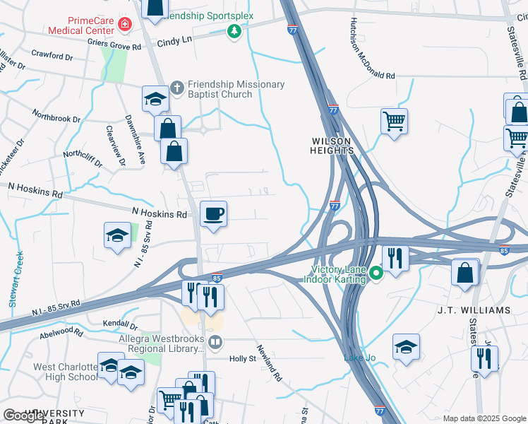 map of restaurants, bars, coffee shops, grocery stores, and more near 2014 A Avenue in Charlotte