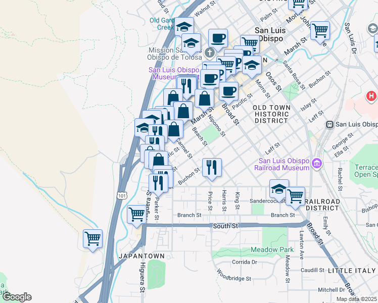 map of restaurants, bars, coffee shops, grocery stores, and more near 1332 Carmel Street in San Luis Obispo