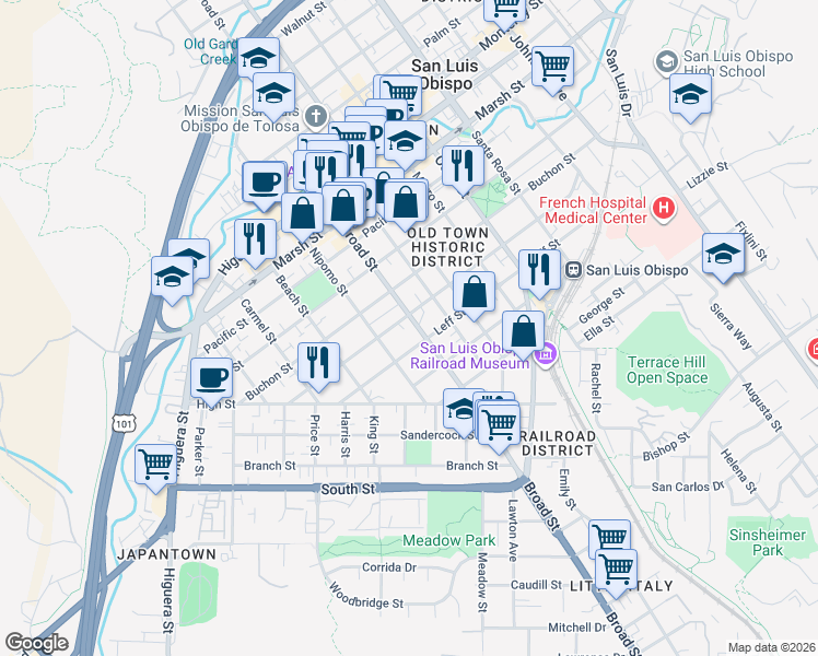 map of restaurants, bars, coffee shops, grocery stores, and more near 656 Leff Street in San Luis Obispo
