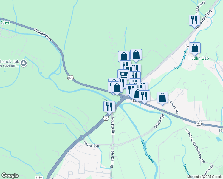 map of restaurants, bars, coffee shops, grocery stores, and more near 128 Pisgah Highway in Pisgah Forest