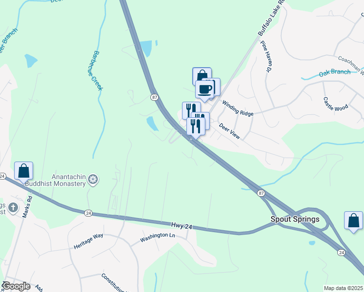 map of restaurants, bars, coffee shops, grocery stores, and more near 2474 North Carolina 87 in Cameron