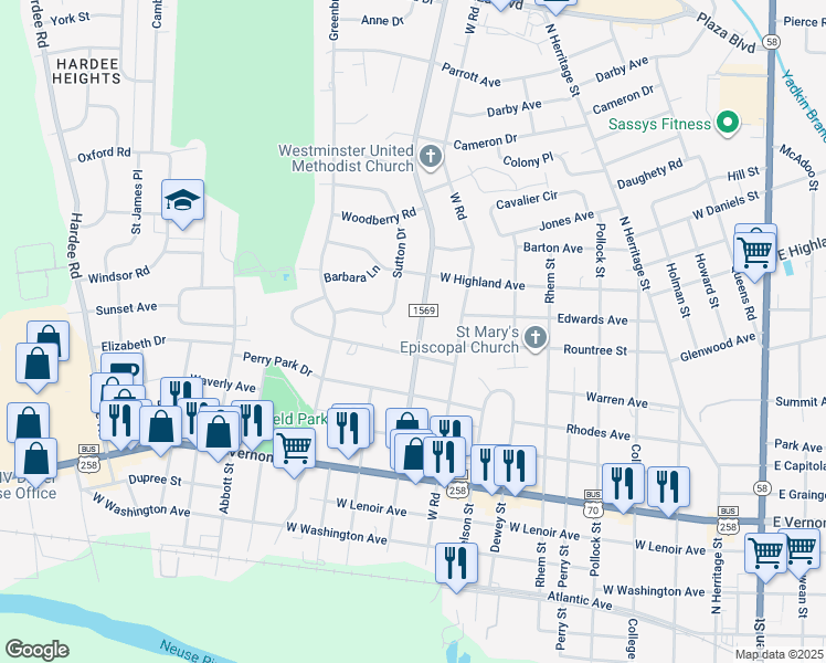 map of restaurants, bars, coffee shops, grocery stores, and more near 1106 Carey Road in Kinston