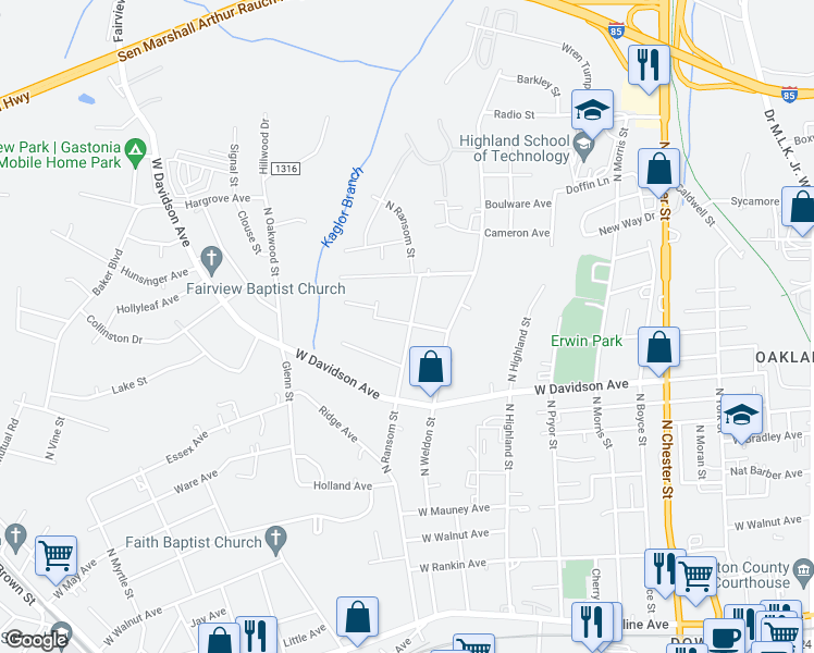 map of restaurants, bars, coffee shops, grocery stores, and more near 1039 North Ransom Street in Gastonia