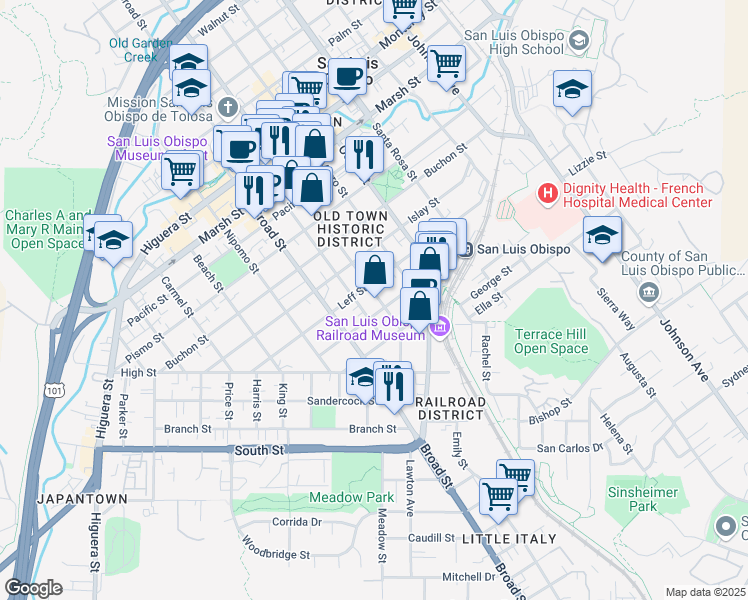 map of restaurants, bars, coffee shops, grocery stores, and more near 1727 Chorro Street in San Luis Obispo