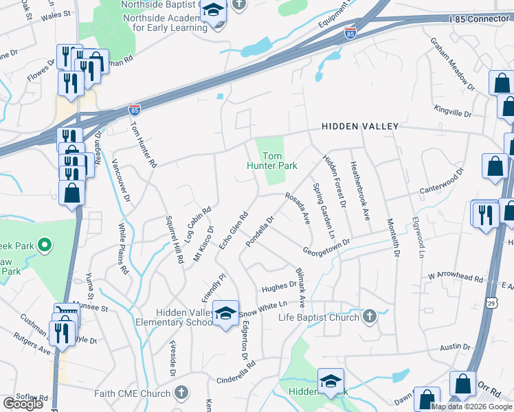 map of restaurants, bars, coffee shops, grocery stores, and more near 1244 Echo Glen Road in Charlotte