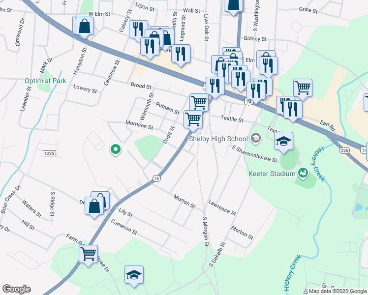 map of restaurants, bars, coffee shops, grocery stores, and more near 1114 South Lafayette Street in Shelby