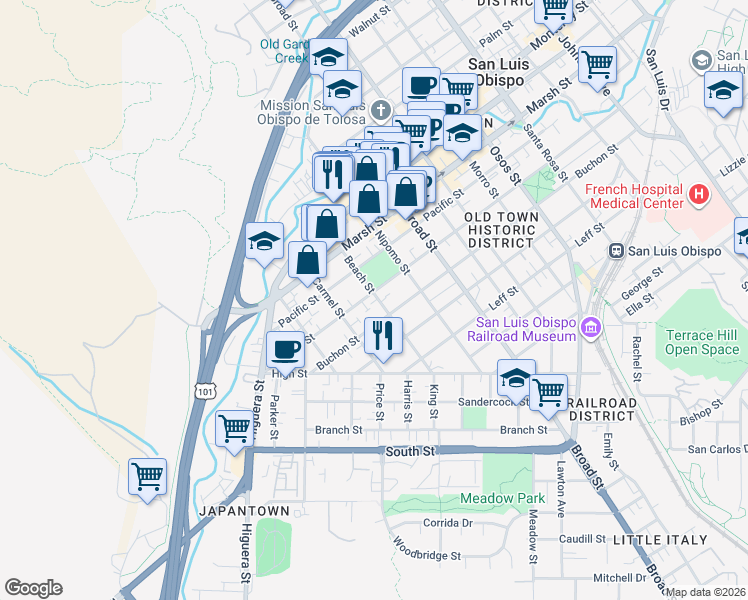 map of restaurants, bars, coffee shops, grocery stores, and more near 1407 Beach Street in San Luis Obispo