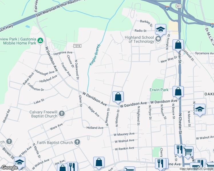 map of restaurants, bars, coffee shops, grocery stores, and more near 1009 Cleveland Avenue in Gastonia