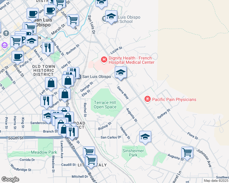 map of restaurants, bars, coffee shops, grocery stores, and more near 2053 Sierra Way in San Luis Obispo