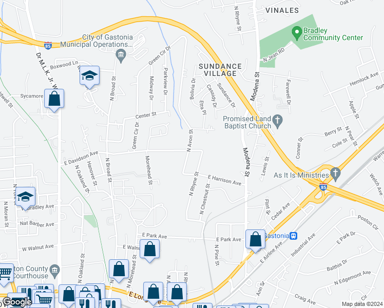 map of restaurants, bars, coffee shops, grocery stores, and more near 805 North Avon Street in Gastonia