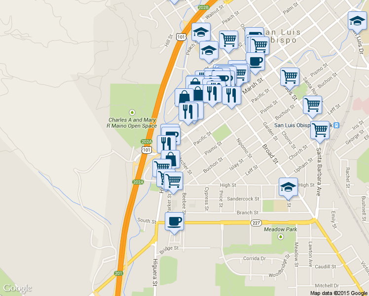 map of restaurants, bars, coffee shops, grocery stores, and more near 364 Pacific Street in San Luis Obispo