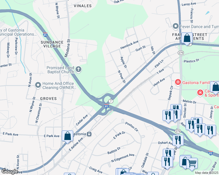 map of restaurants, bars, coffee shops, grocery stores, and more near 1610 Cole Street in Gastonia