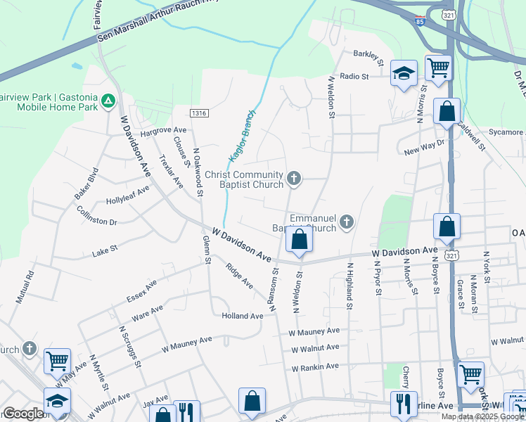 map of restaurants, bars, coffee shops, grocery stores, and more near 1019 Cleveland Avenue in Gastonia