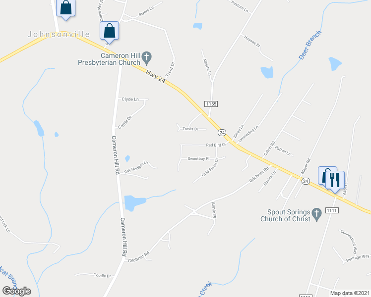 map of restaurants, bars, coffee shops, grocery stores, and more near 235 Red Bird Drive in Cameron