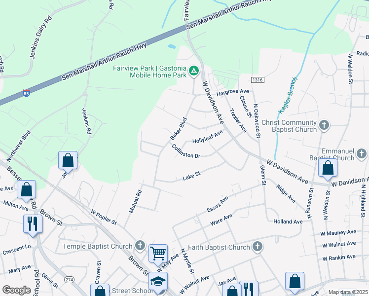 map of restaurants, bars, coffee shops, grocery stores, and more near 1519 Holly Leaf Avenue in Gastonia