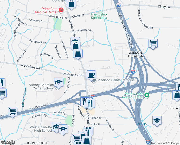 map of restaurants, bars, coffee shops, grocery stores, and more near 2145 Wilson Heights Avenue in Charlotte